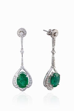 Boucles d'oreilles en émeraude naturelle de Zambie avec diamants et or 14 carats