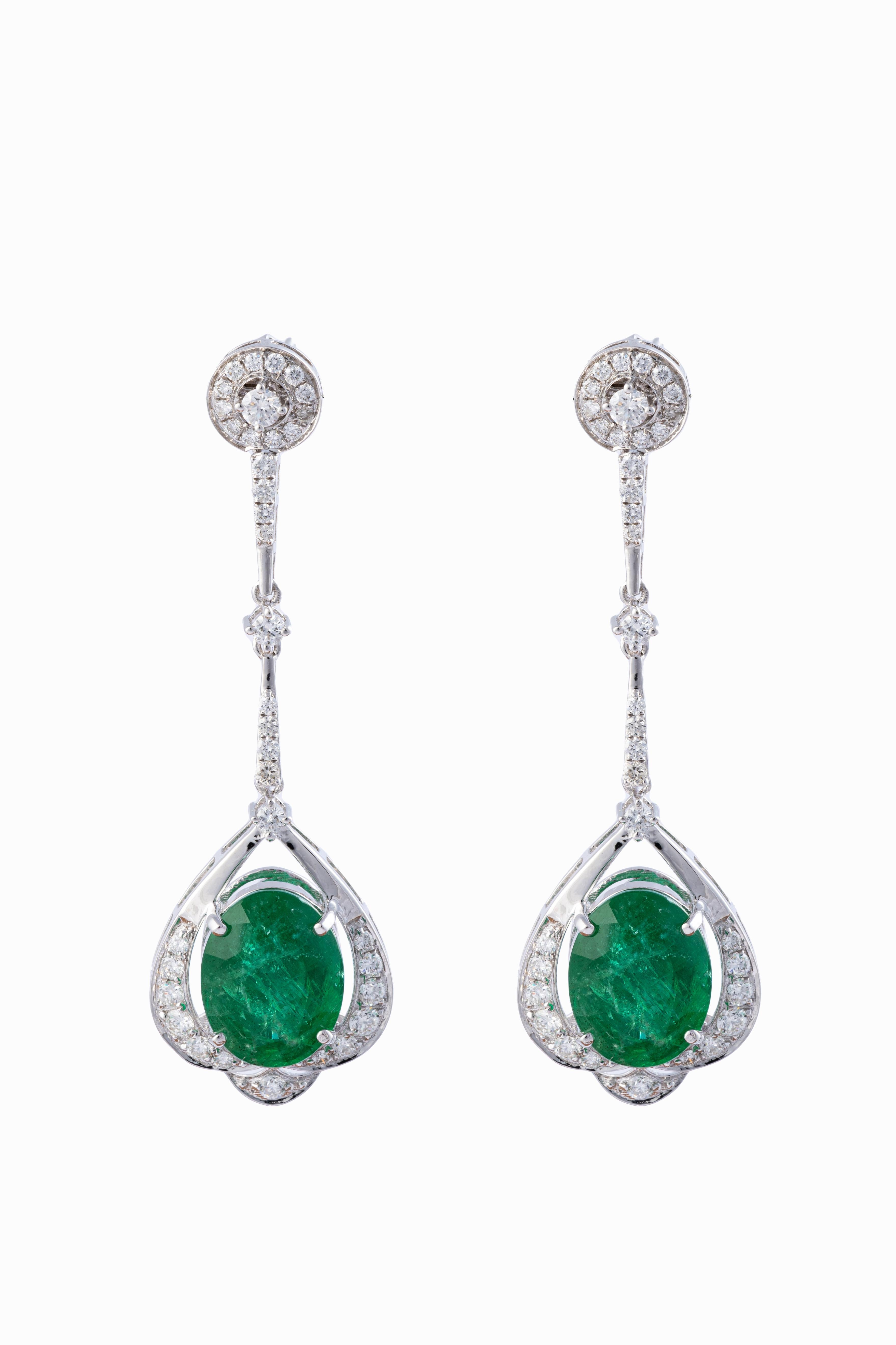 Emerald Cut 10.18cts  Zambian Emerald Earrings with 1.43cts Diamonds and 14k Gold For Sale