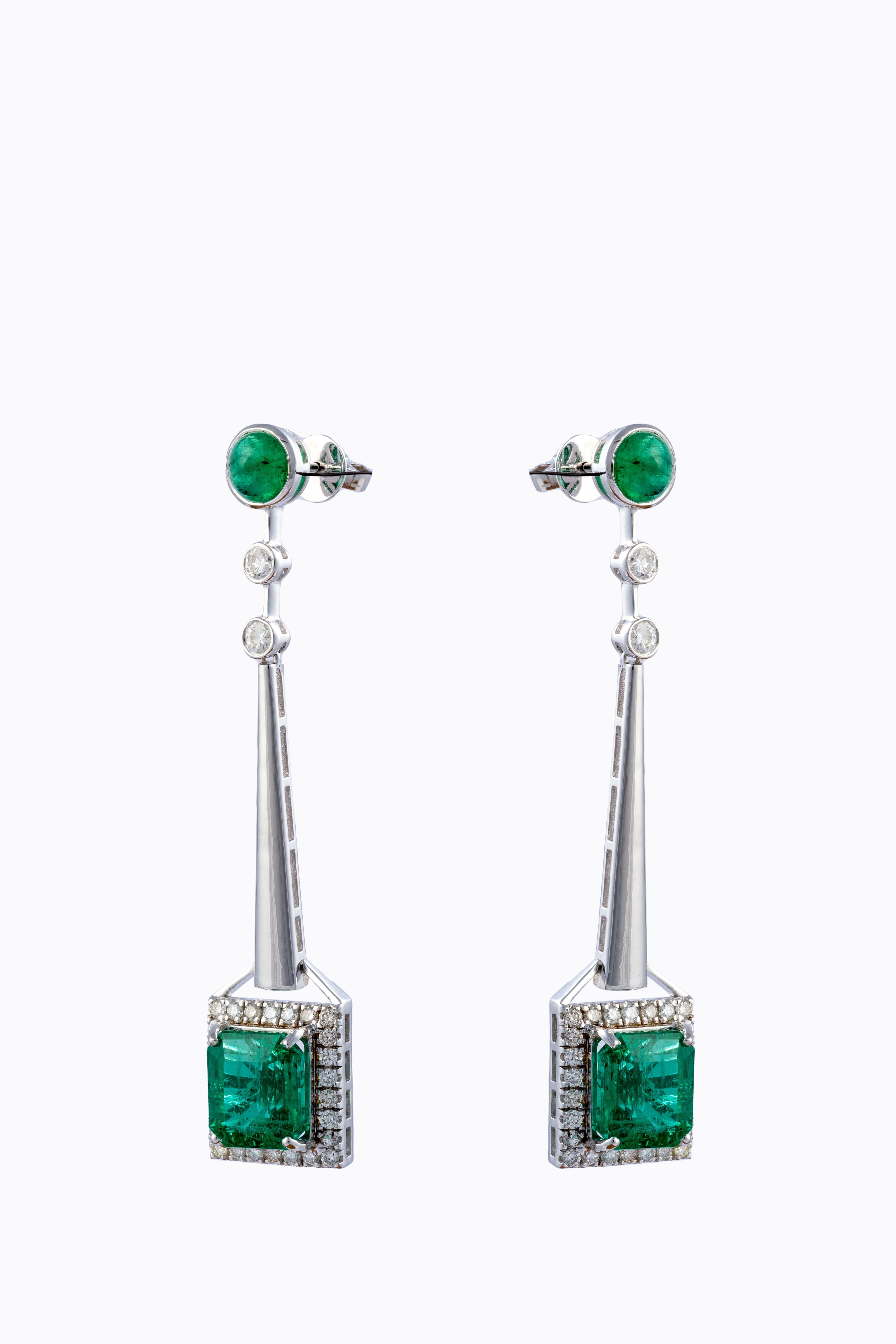 Emerald Cut Natural Zambian Emerald 10.52cts  with Diamonds 1.32cts earring and 14k Gold For Sale