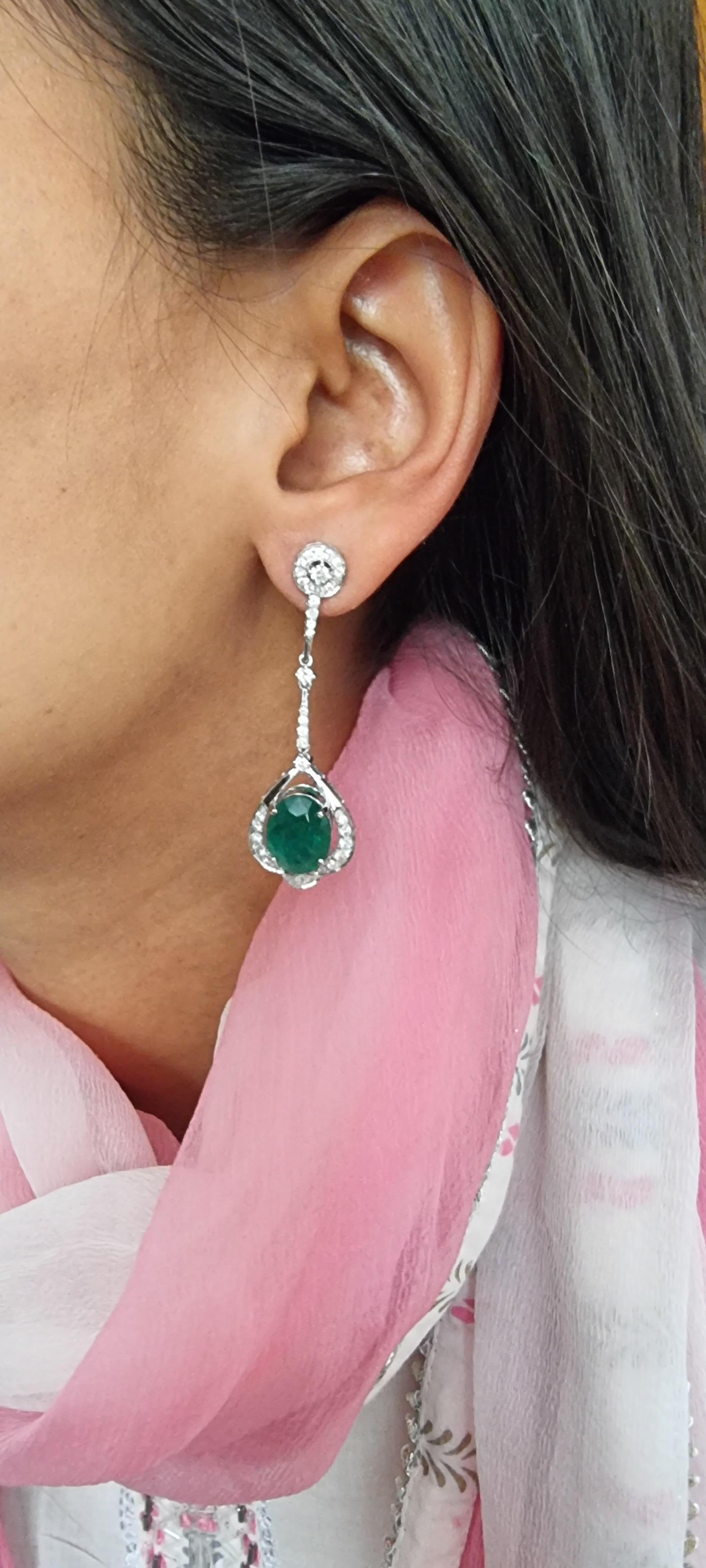 Women's Natural Zambian Emerald Earrings with Diamonds and 14k Gold For Sale