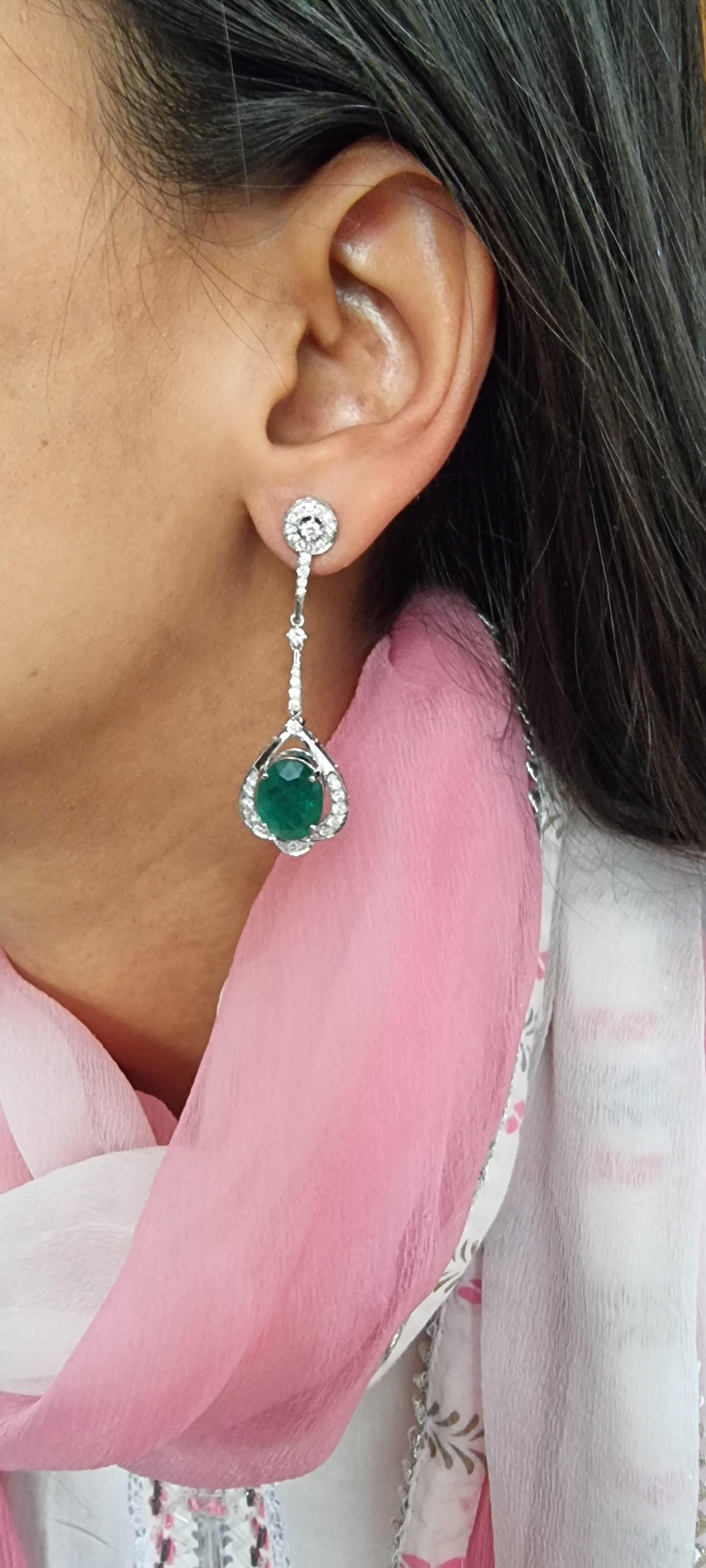 Natural Zambian Emerald Earrings with Diamonds and 14k Gold For Sale 1