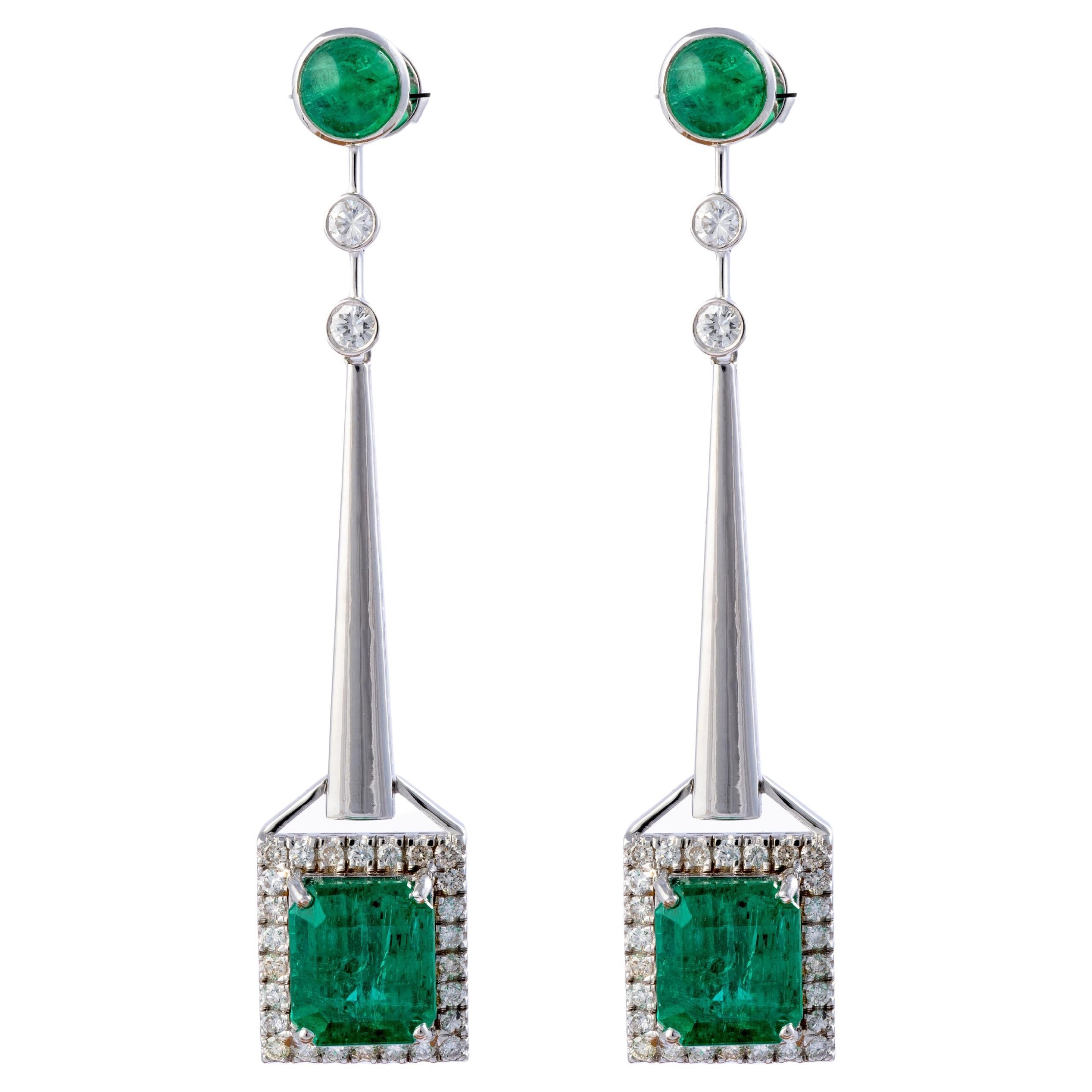 Boucles d'oreilles en émeraude naturelle de Zambie avec diamants et or 14 carats