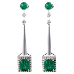 Boucles d'oreilles en émeraude naturelle de Zambie avec diamants et or 14 carats