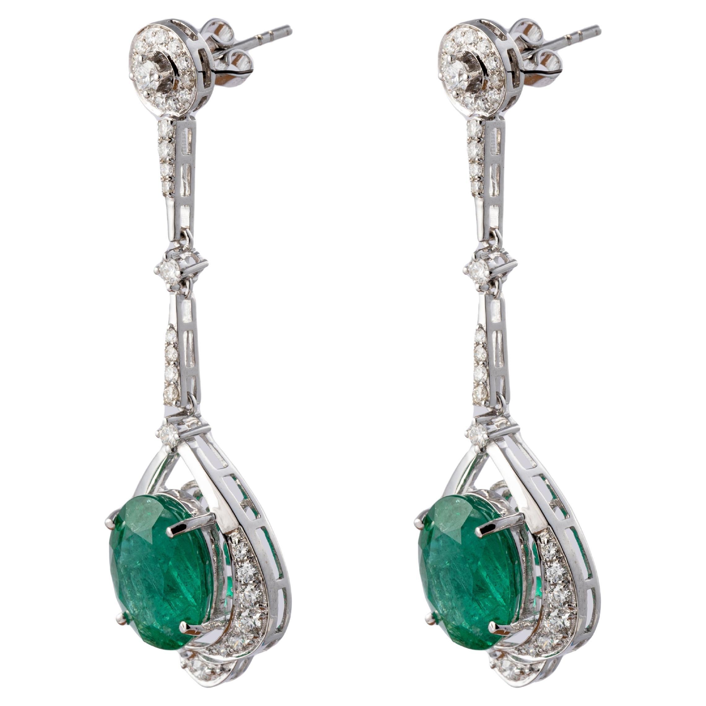 Natural Zambian Emerald Earrings with Diamonds and 14k Gold For Sale