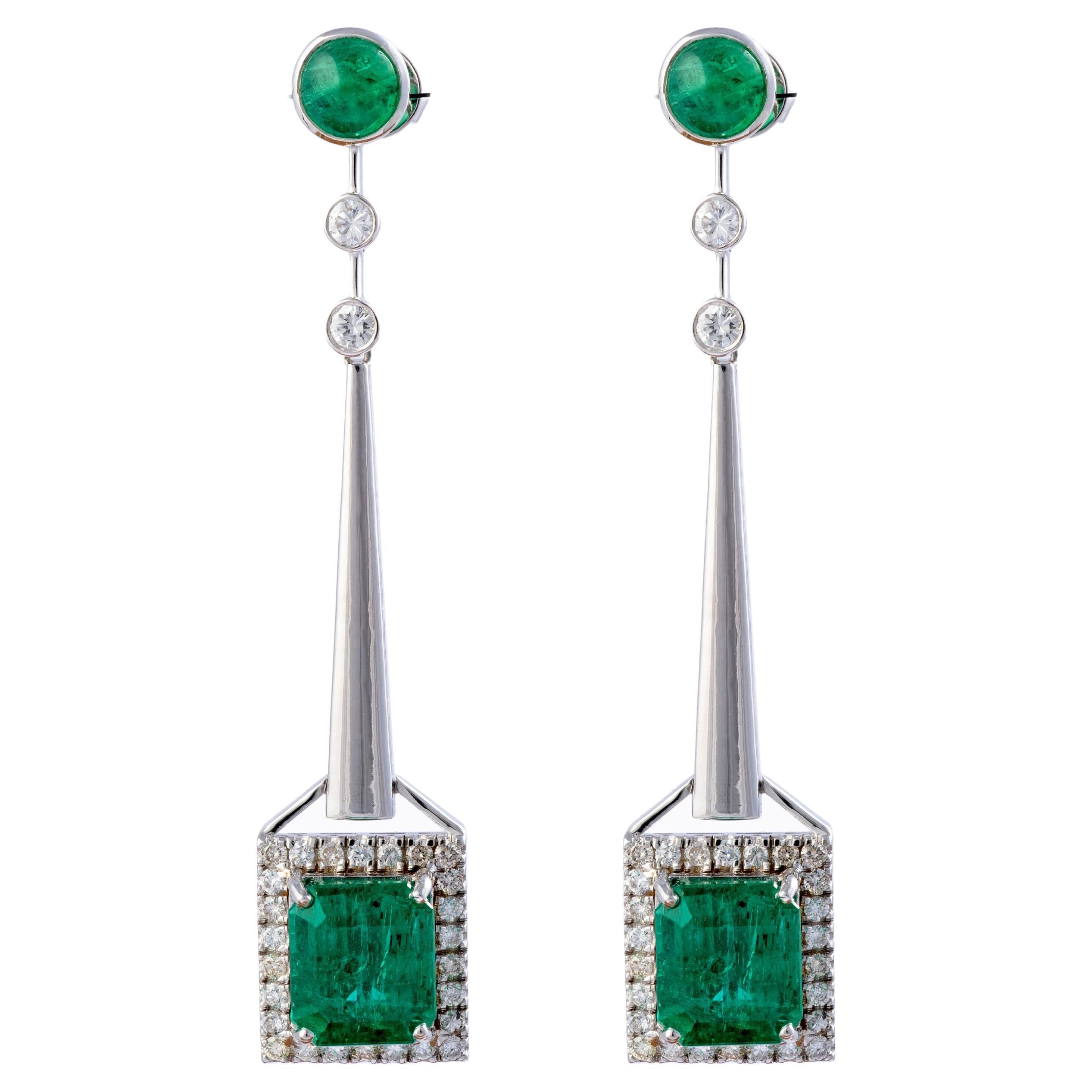 Natural Zambian Emerald 10.52cts  with Diamonds 1.32cts earring and 14k Gold