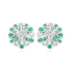 Natural Zambian Emerald Flower Earrings SI/H Diamond 14 Karat White Gold Jewelry
