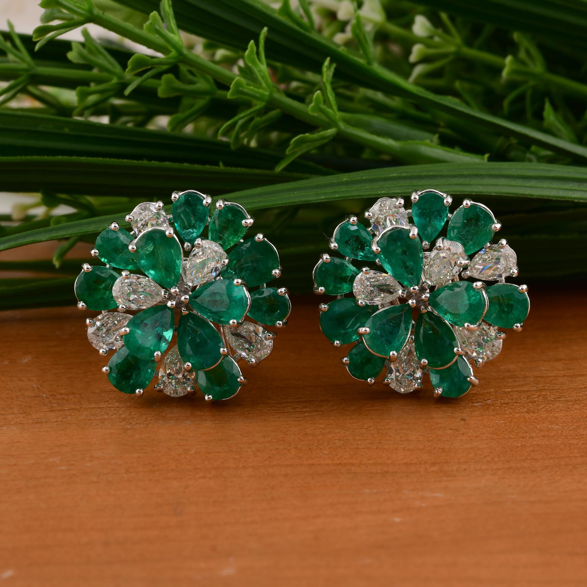Pear Cut Natural Zambian Emerald Flower Earrings SI/H Diamond 14 Karat White Gold Jewelry For Sale