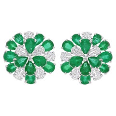 Natural Zambian Emerald Flower Earrings SI/H Diamond 14 Karat White Gold Jewelry