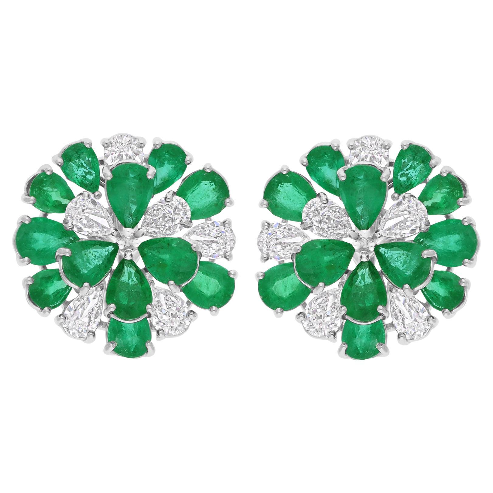 Natürliche sambische Smaragd-Blumen-Ohrringe SI/H Diamant-Schmuck aus 14 Karat Weißgold