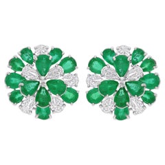 Natürliche sambische Smaragd-Blumen-Ohrringe SI/H Diamant-Schmuck aus 14 Karat Weißgold