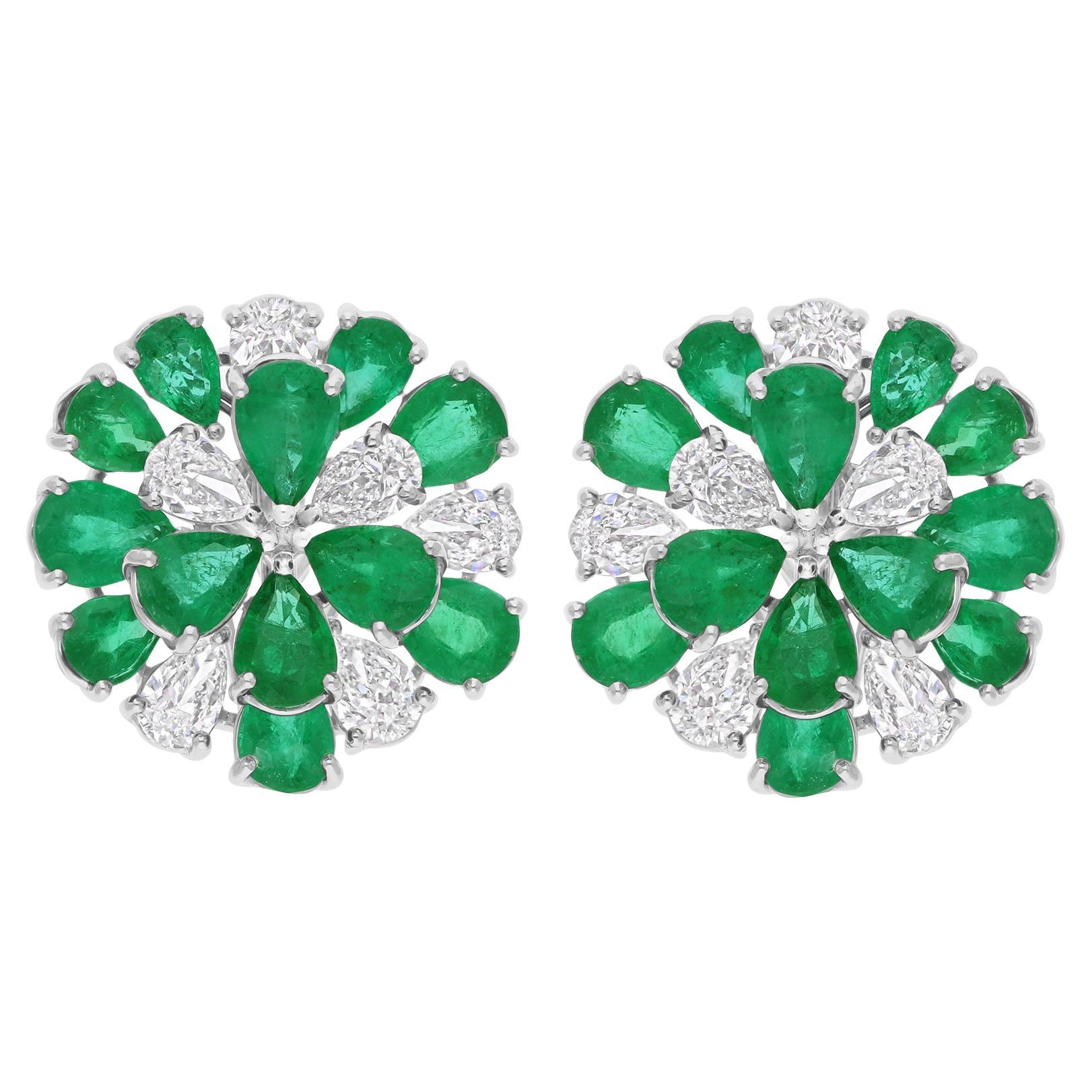 Natural Zambian Emerald Flower Earrings SI/H Diamond 18 Karat White Gold Jewelry