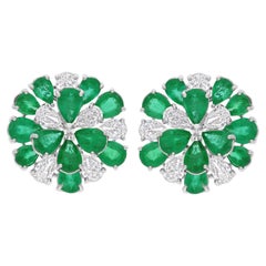 Natural Zambian Emerald Flower Earrings SI/H Diamond 18 Karat White Gold Jewelry