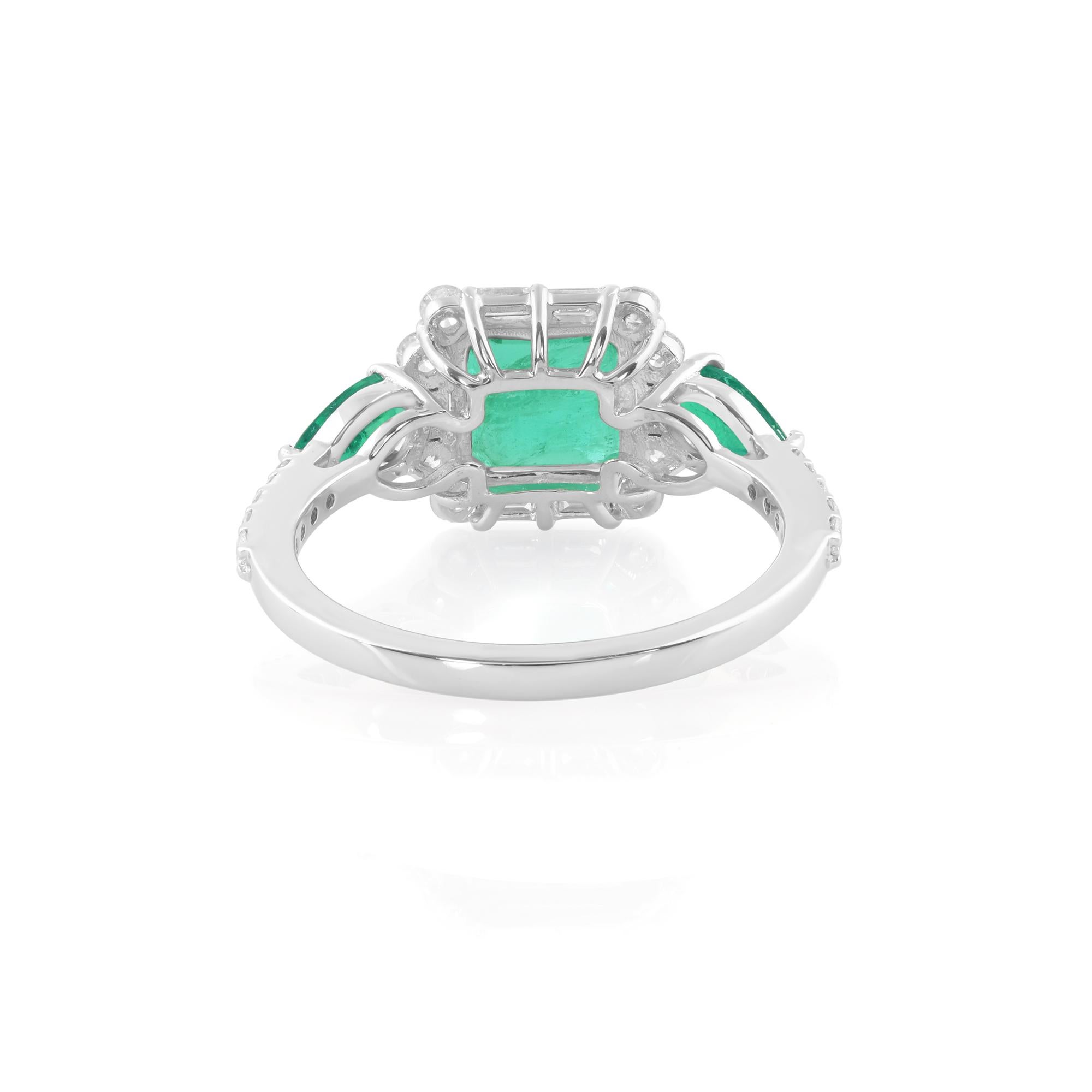 Modern Natural Zambian Emerald Gemstone Cocktail Fine Ring Diamond 14 Karat White Gold For Sale