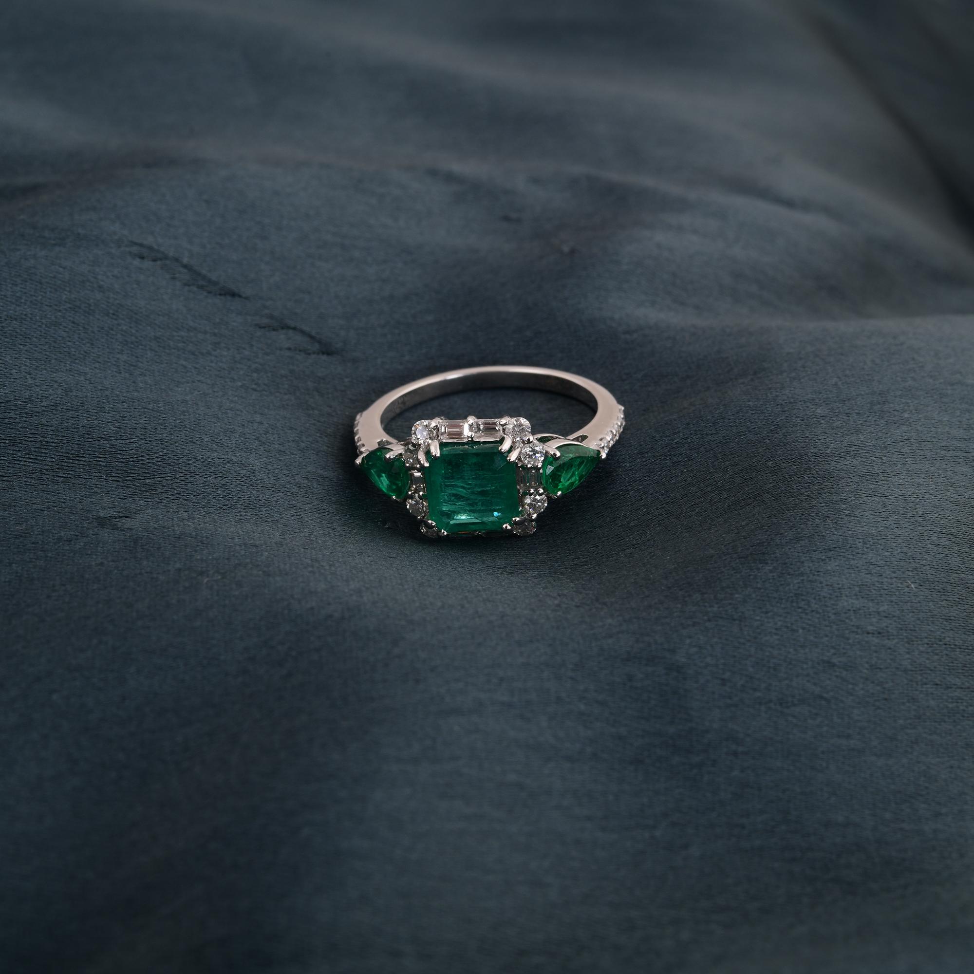 Pear Cut Natural Zambian Emerald Gemstone Cocktail Fine Ring Diamond 14 Karat White Gold For Sale