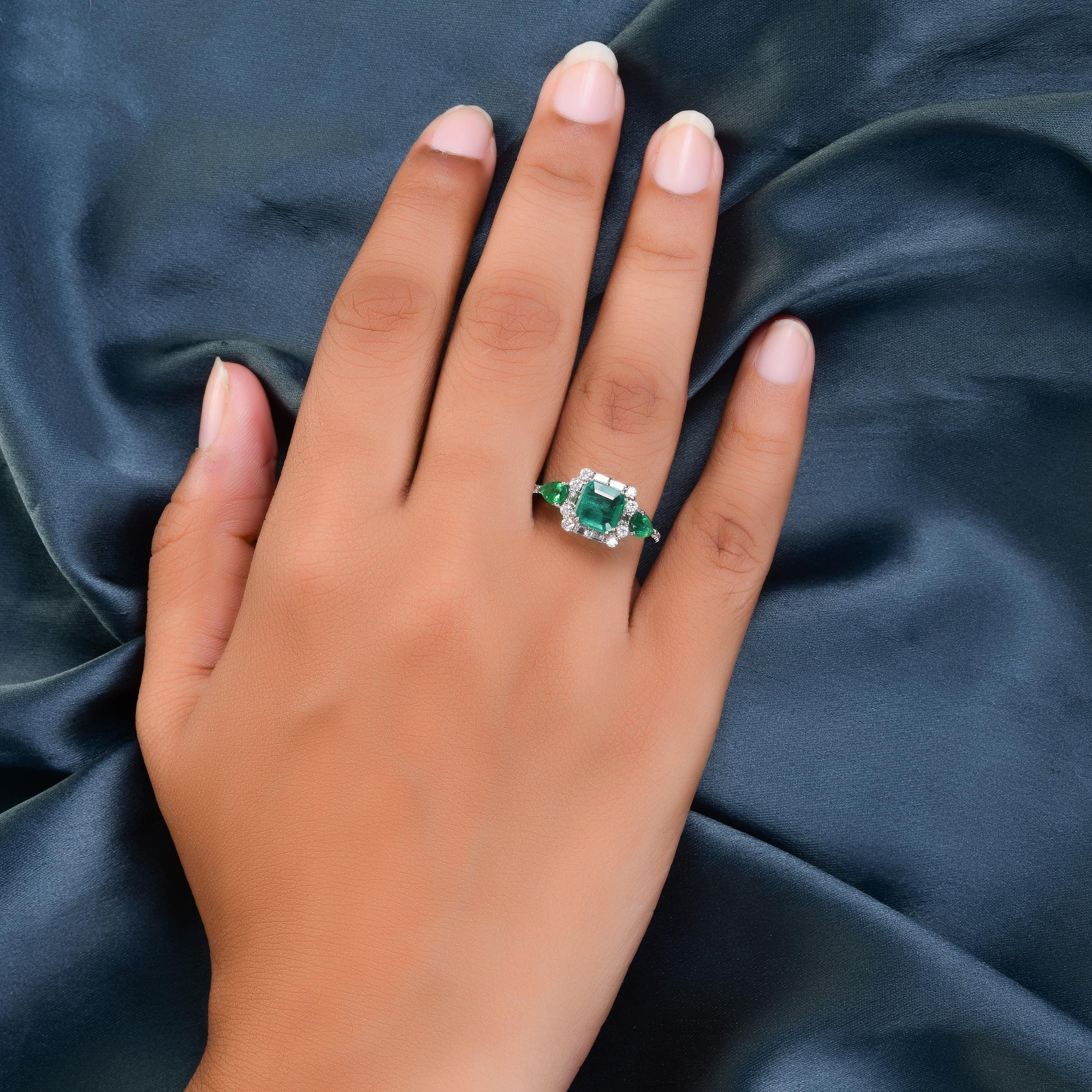 Women's Natural Zambian Emerald Gemstone Cocktail Fine Ring Diamond 14 Karat White Gold For Sale