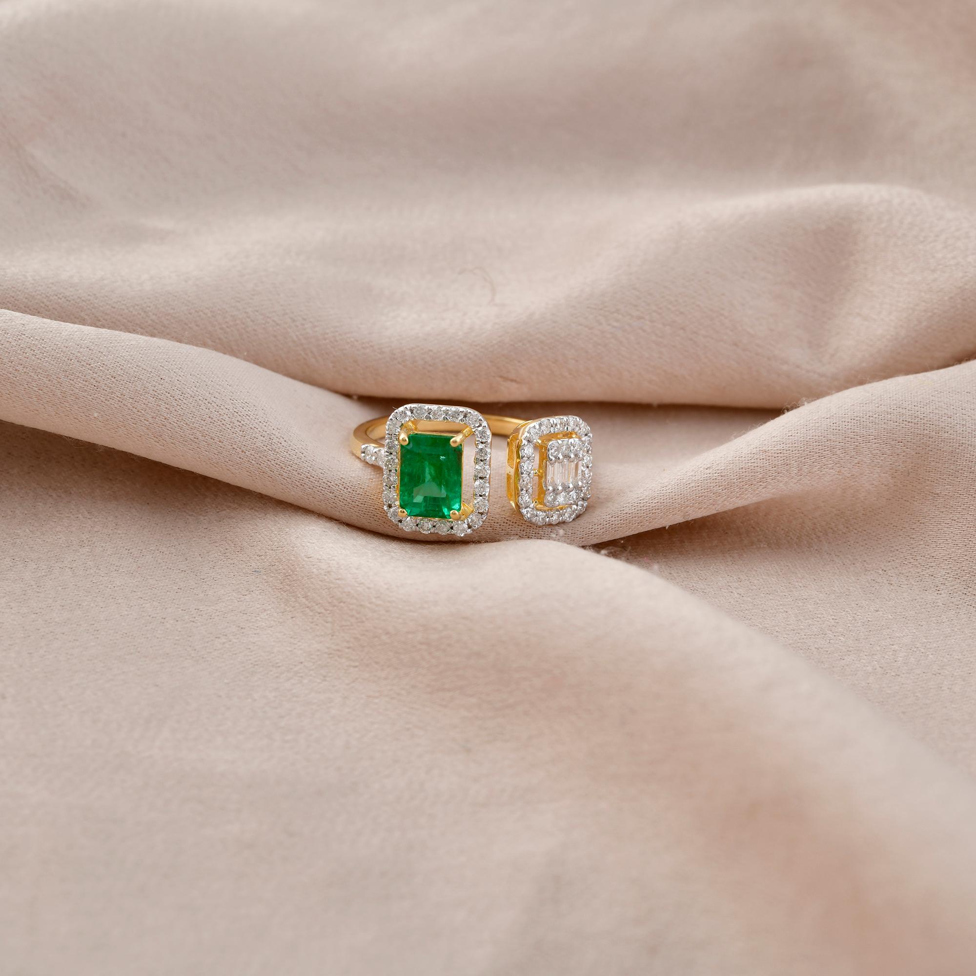 Modern Natural Zambian Emerald Gemstone Cuff Ring Diamond 18 Karat Yellow Gold Jewelry For Sale