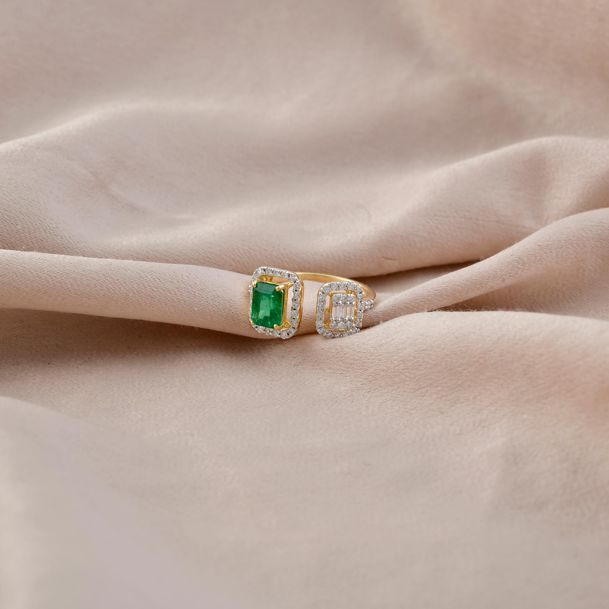 Octagon Cut Natural Zambian Emerald Gemstone Cuff Ring Diamond 18 Karat Yellow Gold Jewelry For Sale