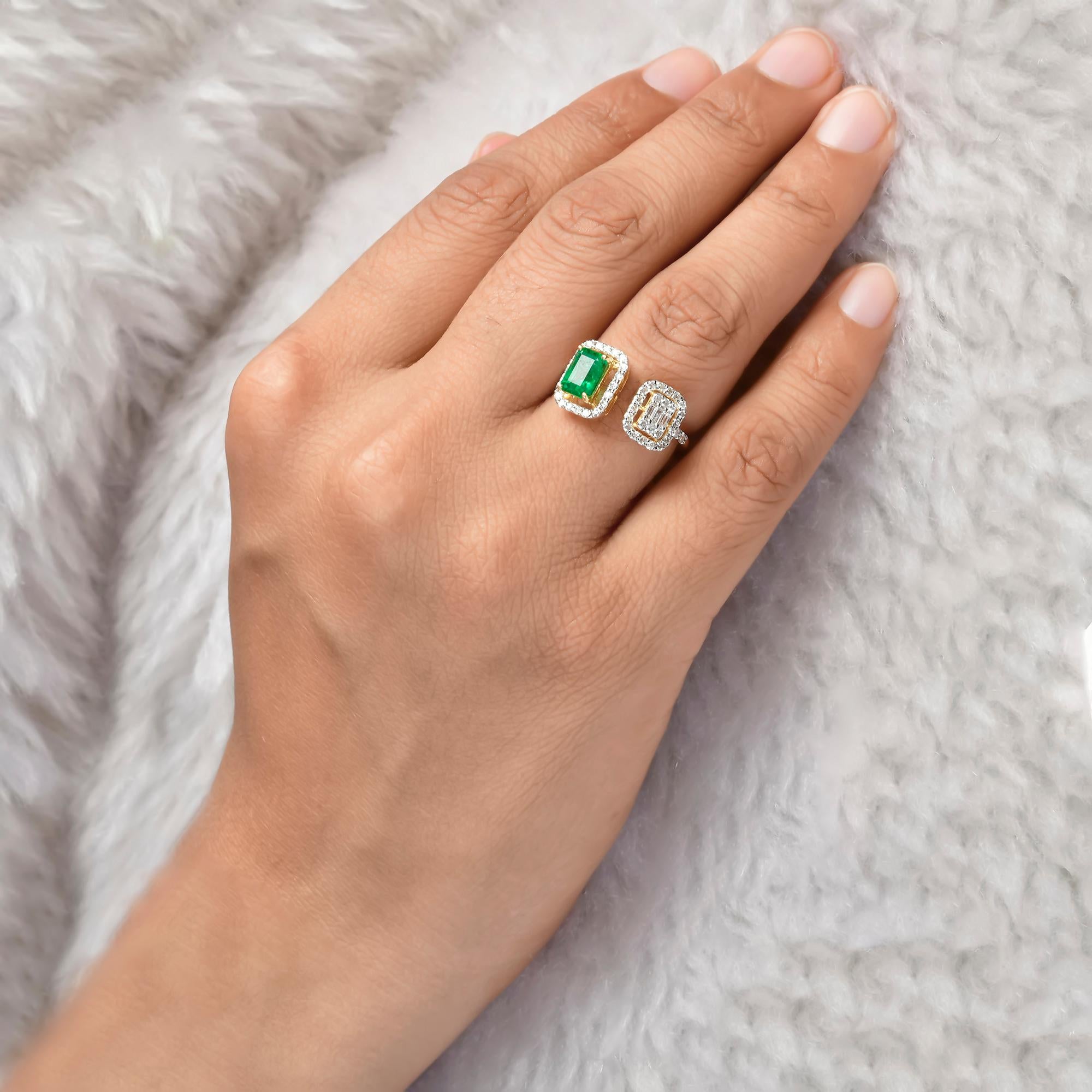 Women's Natural Zambian Emerald Gemstone Cuff Ring Diamond 18 Karat Yellow Gold Jewelry For Sale