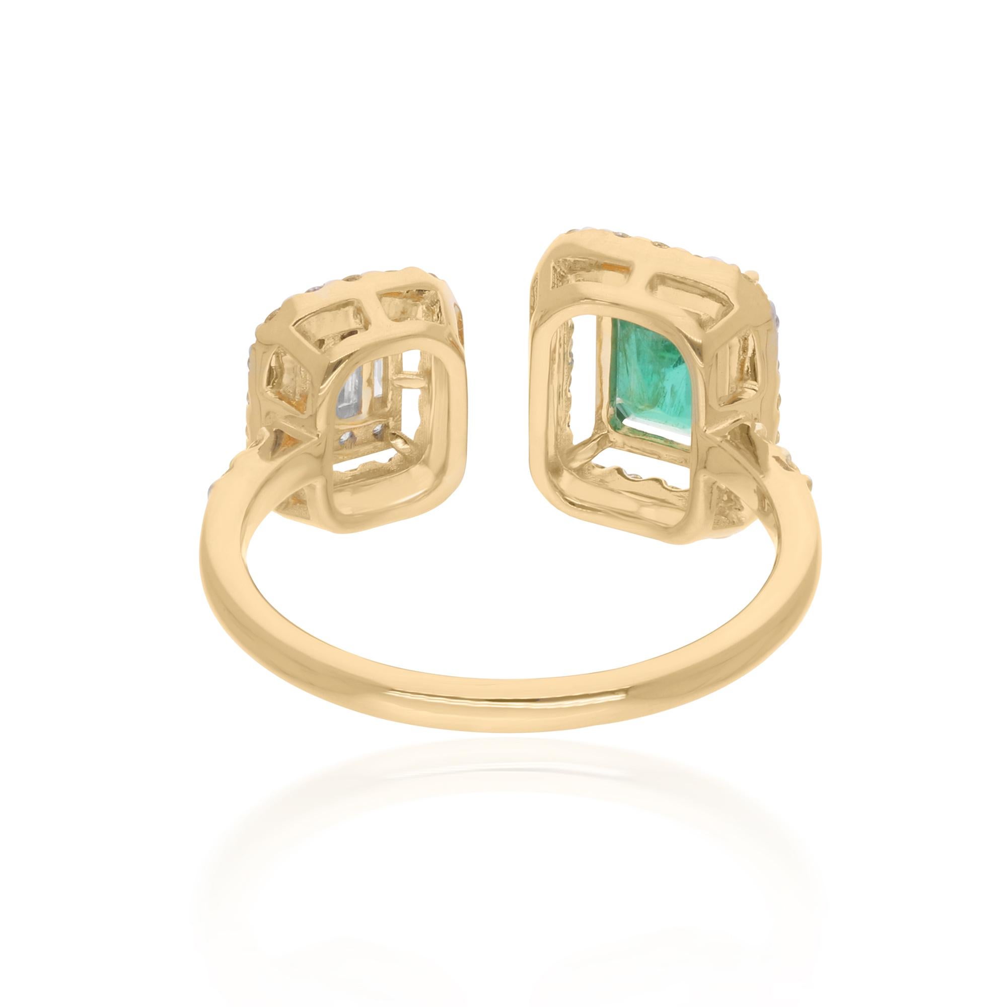 Natural Zambian Emerald Gemstone Cuff Ring Diamond 18 Karat Yellow Gold Jewelry For Sale 1