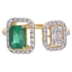 Esmeralda natural de Zambia Gemstone Cuff Ring Diamond 18 Karat Yellow Gold Jewelry