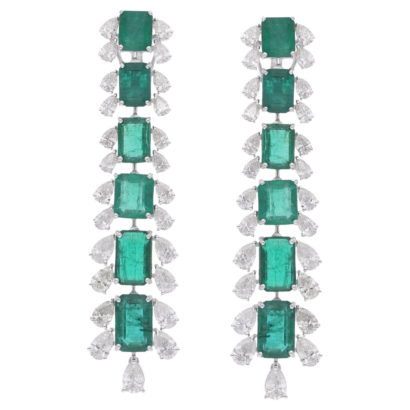 Natural Zambian Emerald Gemstone Dangle Earrings Diamond 10k White Gold Jewelry