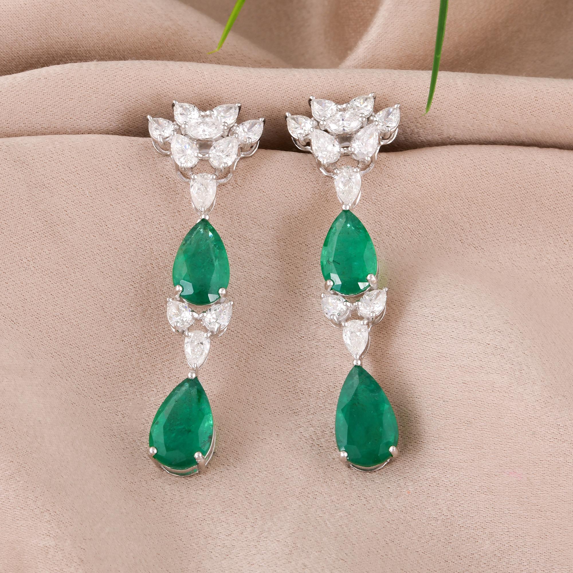 Modern Natural Zambian Emerald Gemstone Dangle Earrings Diamond 14 Karat White Gold For Sale