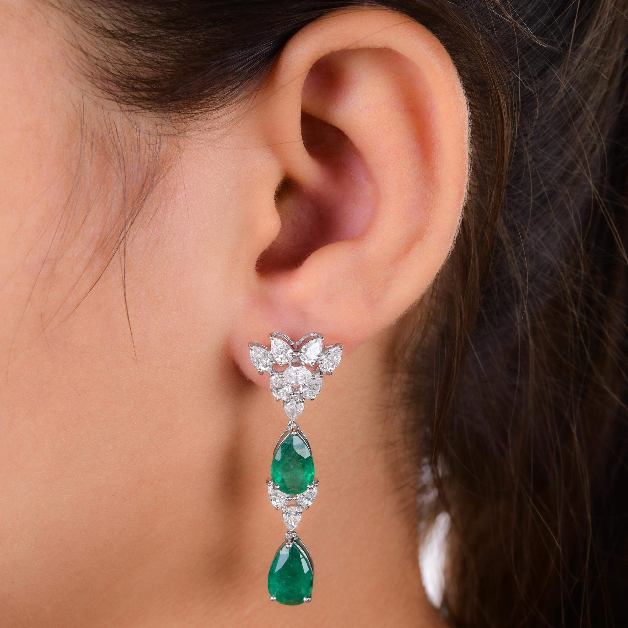 Pear Cut Natural Zambian Emerald Gemstone Dangle Earrings Diamond 14 Karat White Gold For Sale