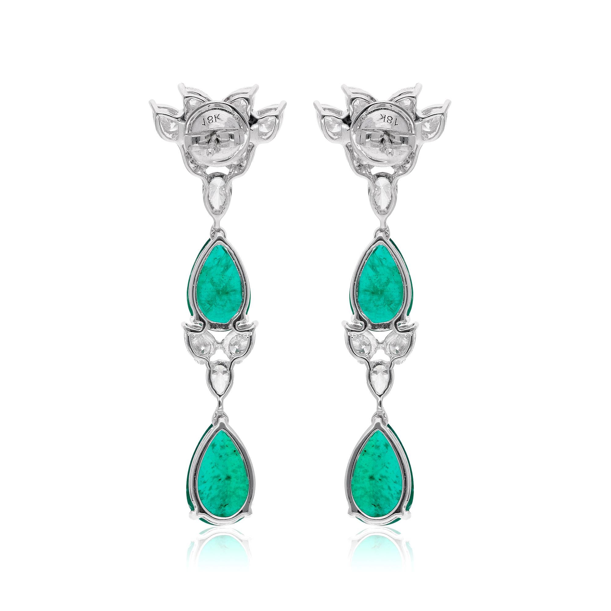 Women's Natural Zambian Emerald Gemstone Dangle Earrings Diamond 14 Karat White Gold For Sale