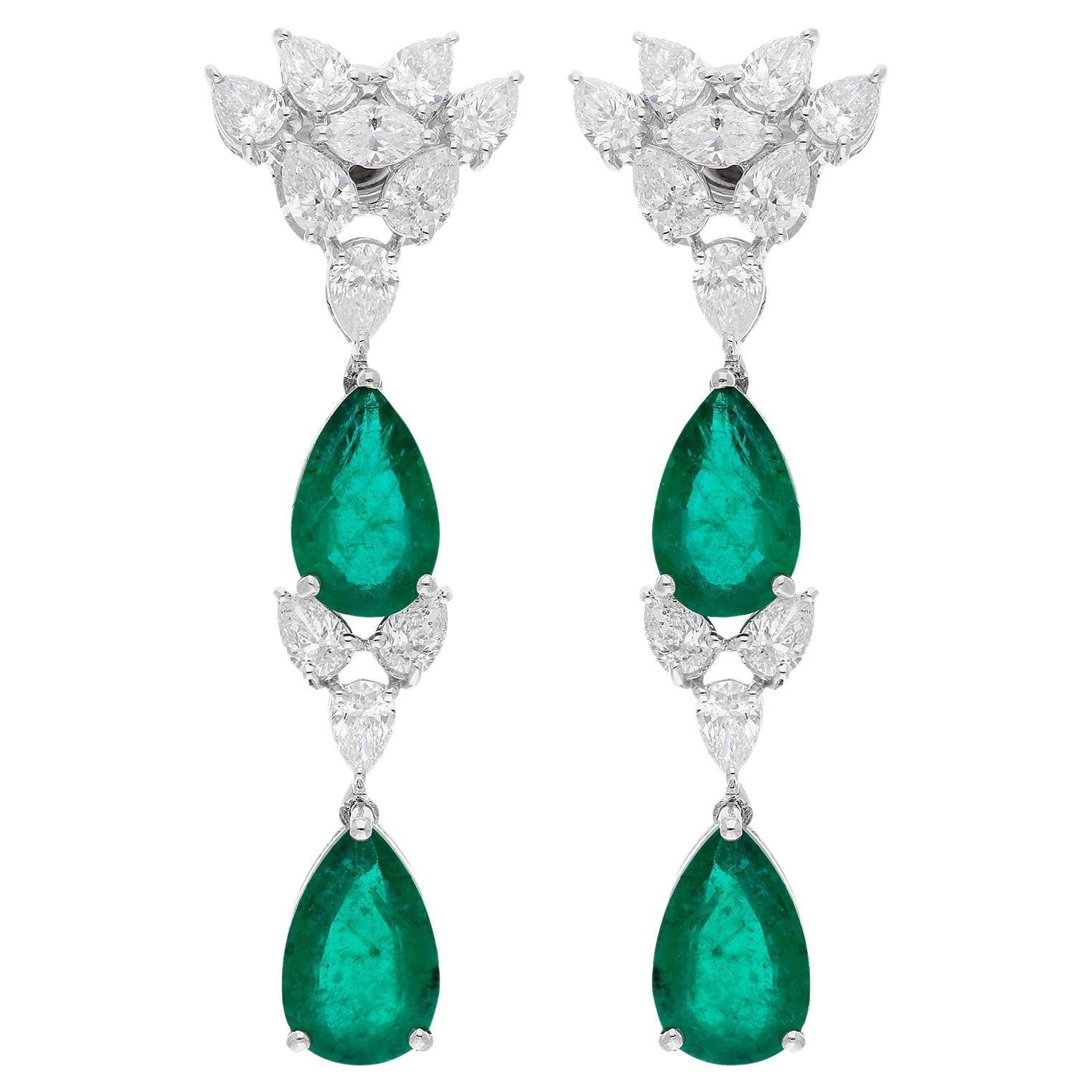 Natural Zambian Emerald Gemstone Dangle Earrings Diamond 14 Karat White Gold For Sale