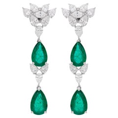 Natural Zambian Emerald Gemstone Dangle Earrings Diamond 14 Karat White Gold