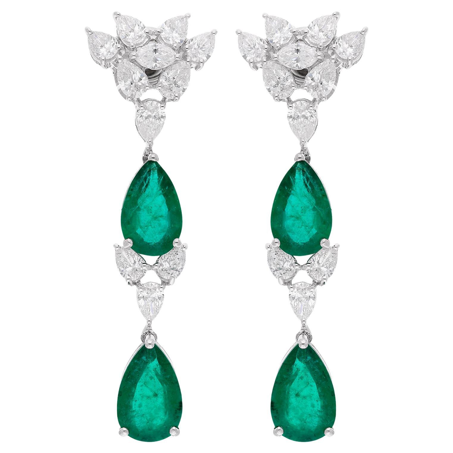 Natural Zambian Emerald Gemstone Dangle Earrings Diamond 14 Karat White Gold