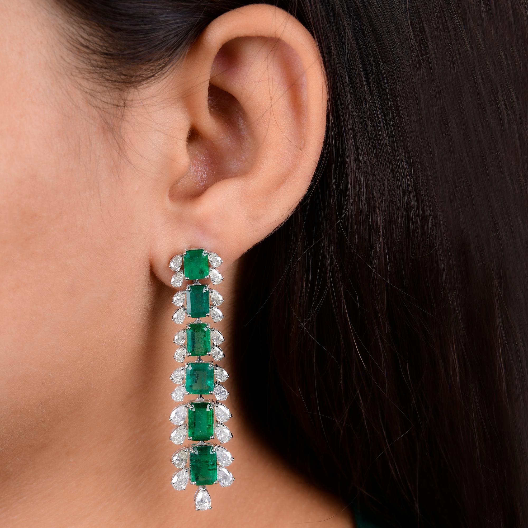 Modern Natural Zambian Emerald Gemstone Dangle Earrings Diamond 14k White Gold Jewelry For Sale