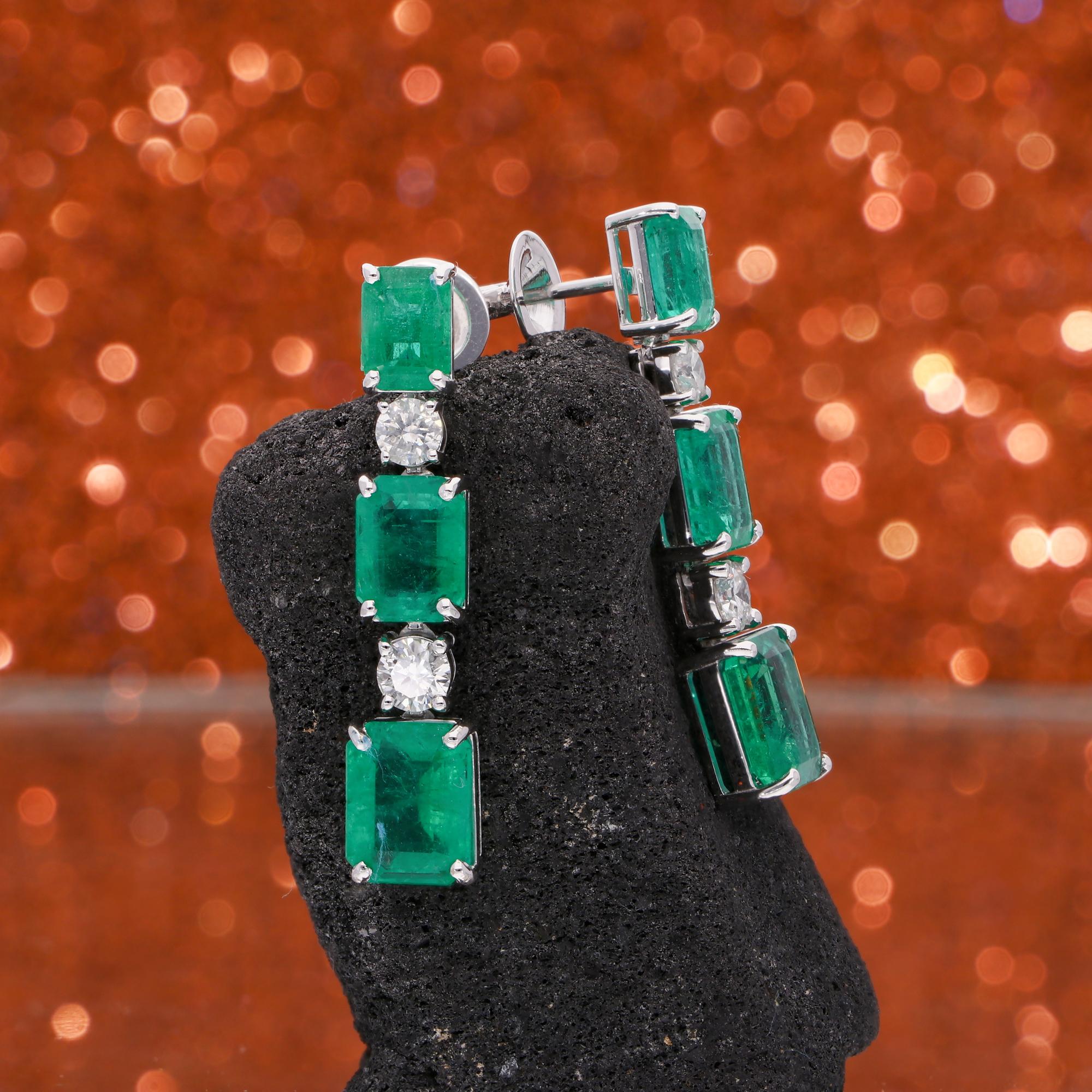 Modern Natural Zambian Emerald Gemstone Dangle Earrings Diamond 14k White Gold Jewelry For Sale