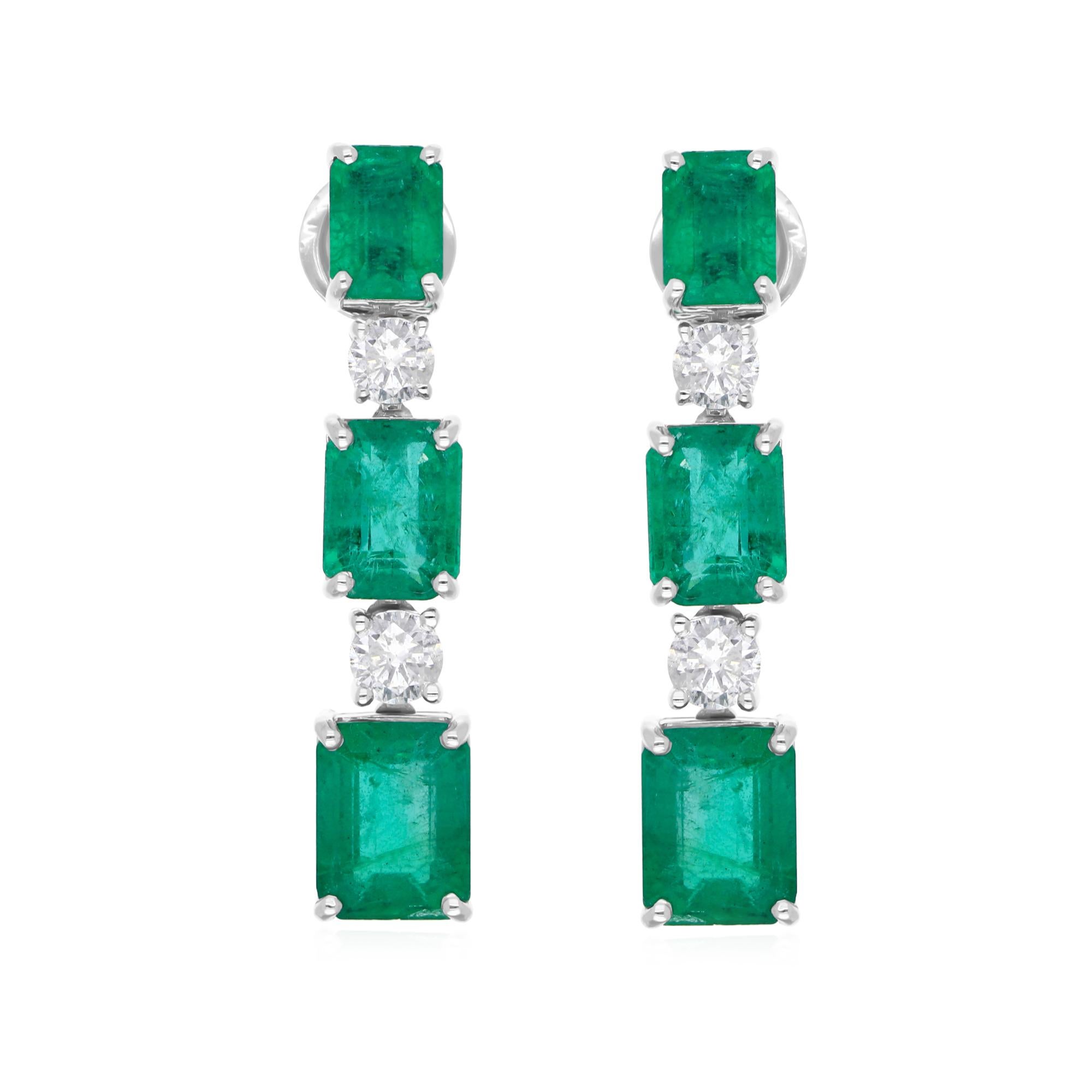 Octagon Cut Natural Zambian Emerald Gemstone Dangle Earrings Diamond 14k White Gold Jewelry For Sale