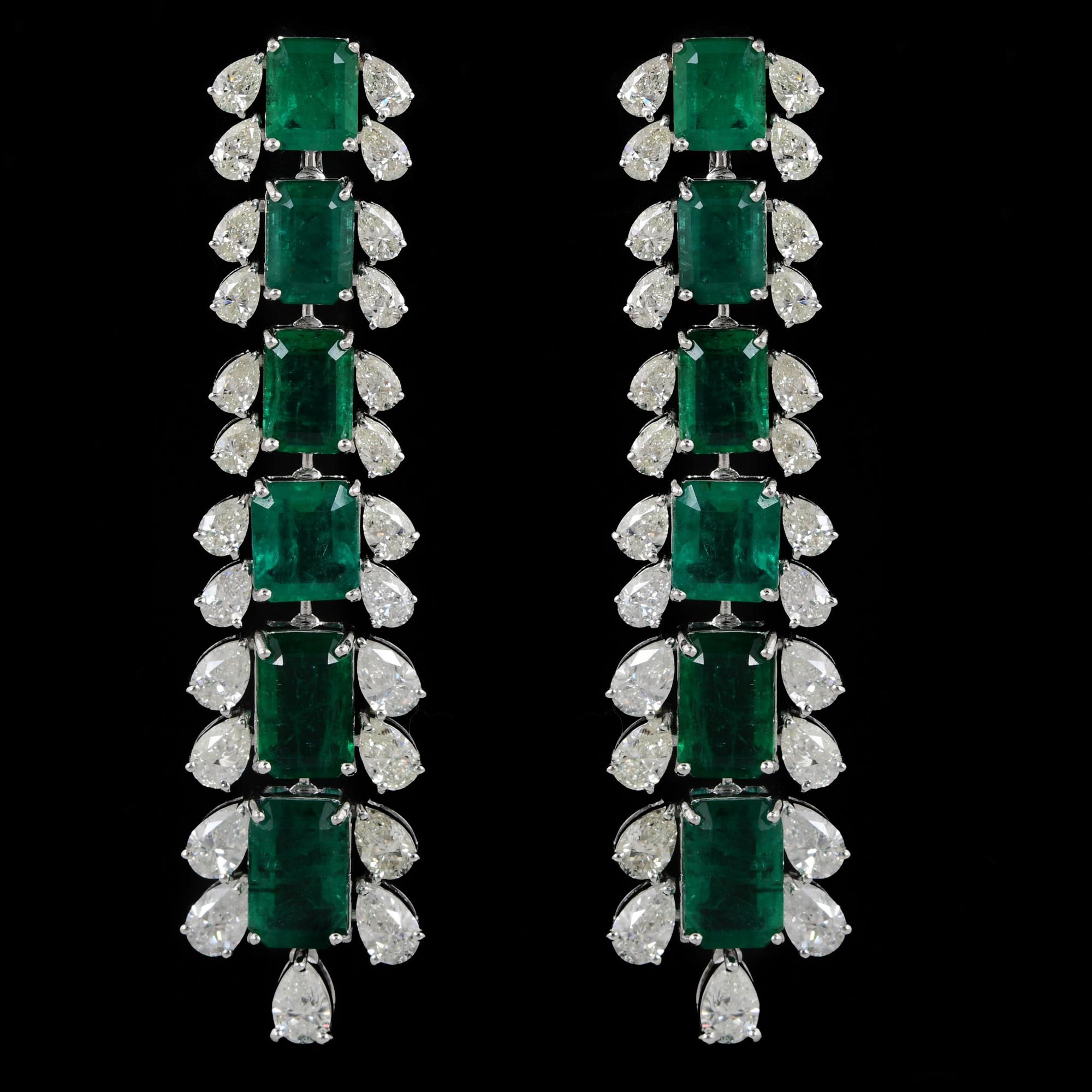 Women's Natural Zambian Emerald Gemstone Dangle Earrings Diamond 14k White Gold Jewelry For Sale
