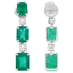 Pendientes Colgantes de Esmeralda Natural de Zambia Diamante Joyas de Oro Blanco de 14k