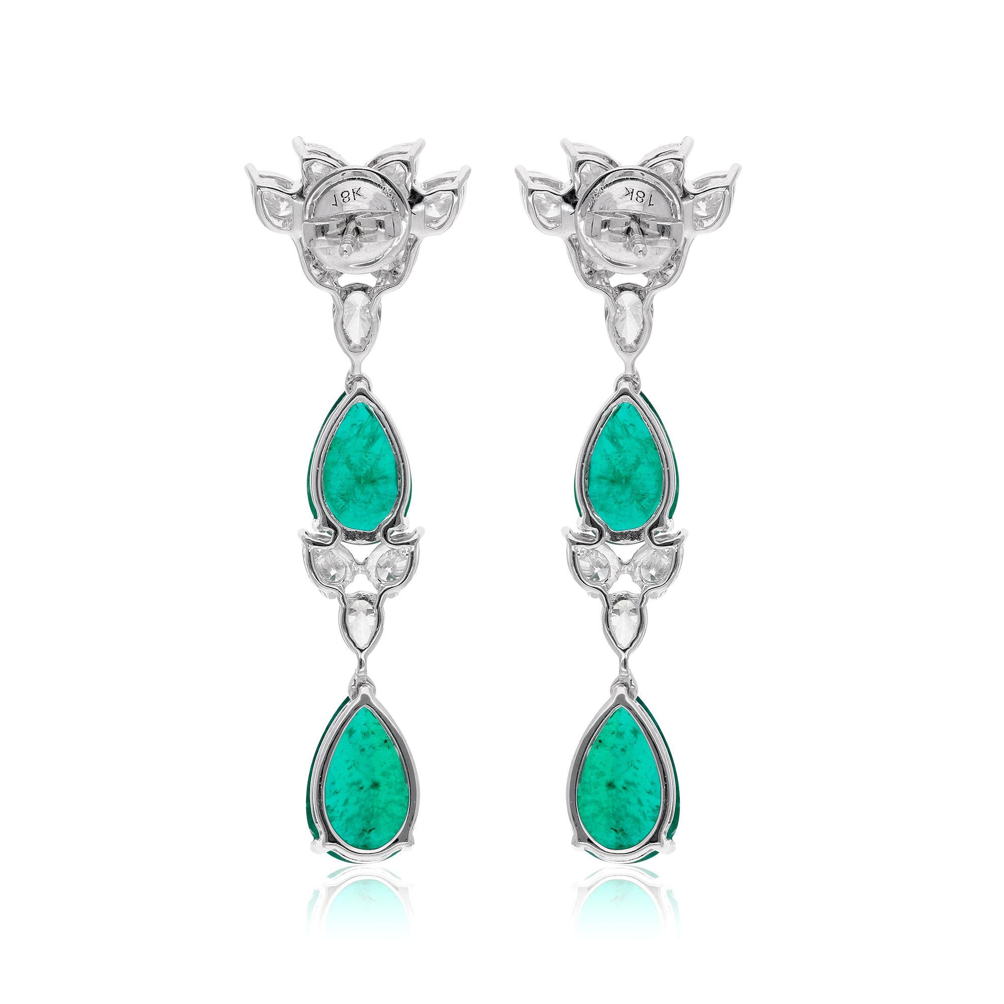 Women's Natural Zambian Emerald Gemstone Dangle Earrings Diamond 18 Karat White Gold For Sale