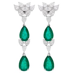 Natural Zambian Emerald Gemstone Dangle Earrings Diamond 18 Karat White Gold