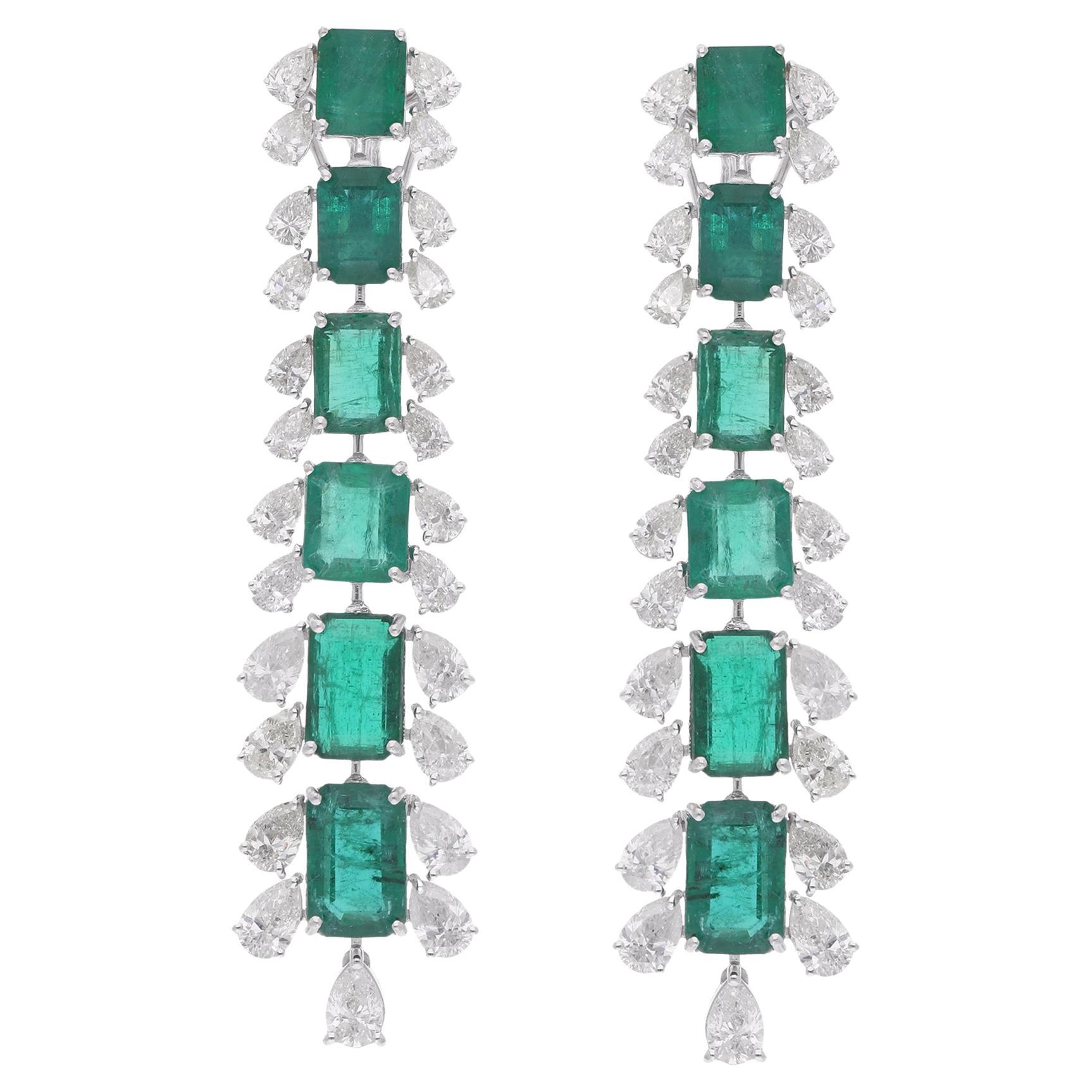 Natural Zambian Emerald Gemstone Dangle Earrings Diamond 18k White Gold Jewelry