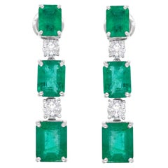 Natural Zambian Emerald Gemstone Dangle Earrings Diamond 18k White Gold Jewelry