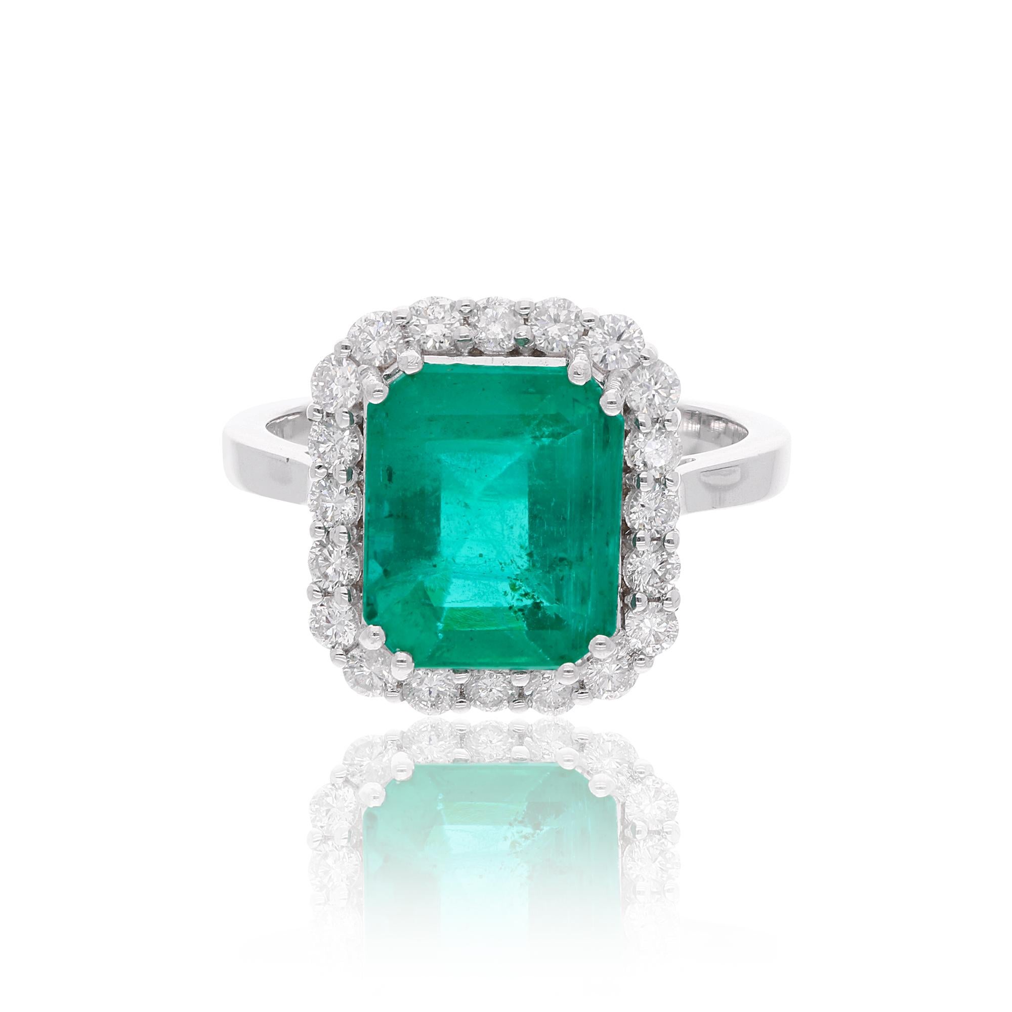 in vendita:  Anello di fidanzamento con diamante aureolato in oro bianco 14K con gemma di smeraldo naturale dello Zambia 4