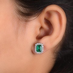 Natural Zambian Emerald Gemstone Earrings SI/H Round Diamond 14 Karat White Gold