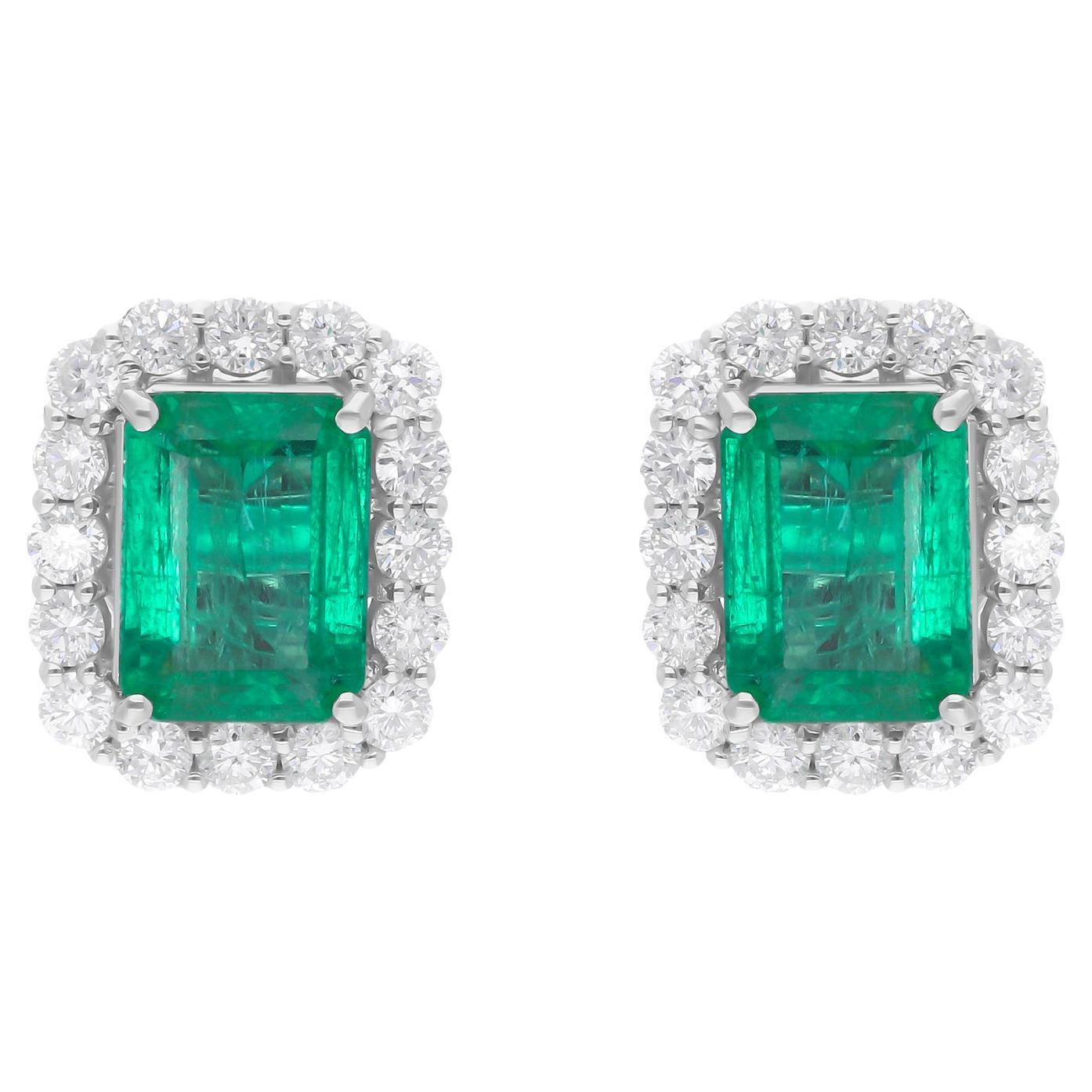 Natural Zambian Emerald Gemstone Earrings SI/H Round Diamond 14 Karat White Gold