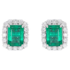 Natural Zambian Emerald Gemstone Earrings SI/H Round Diamond 14 Karat White Gold