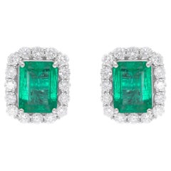 Natürliche sambische Smaragd-Edelstein-Ohrringe SI/H Rund Diamant 18 Karat Weißgold