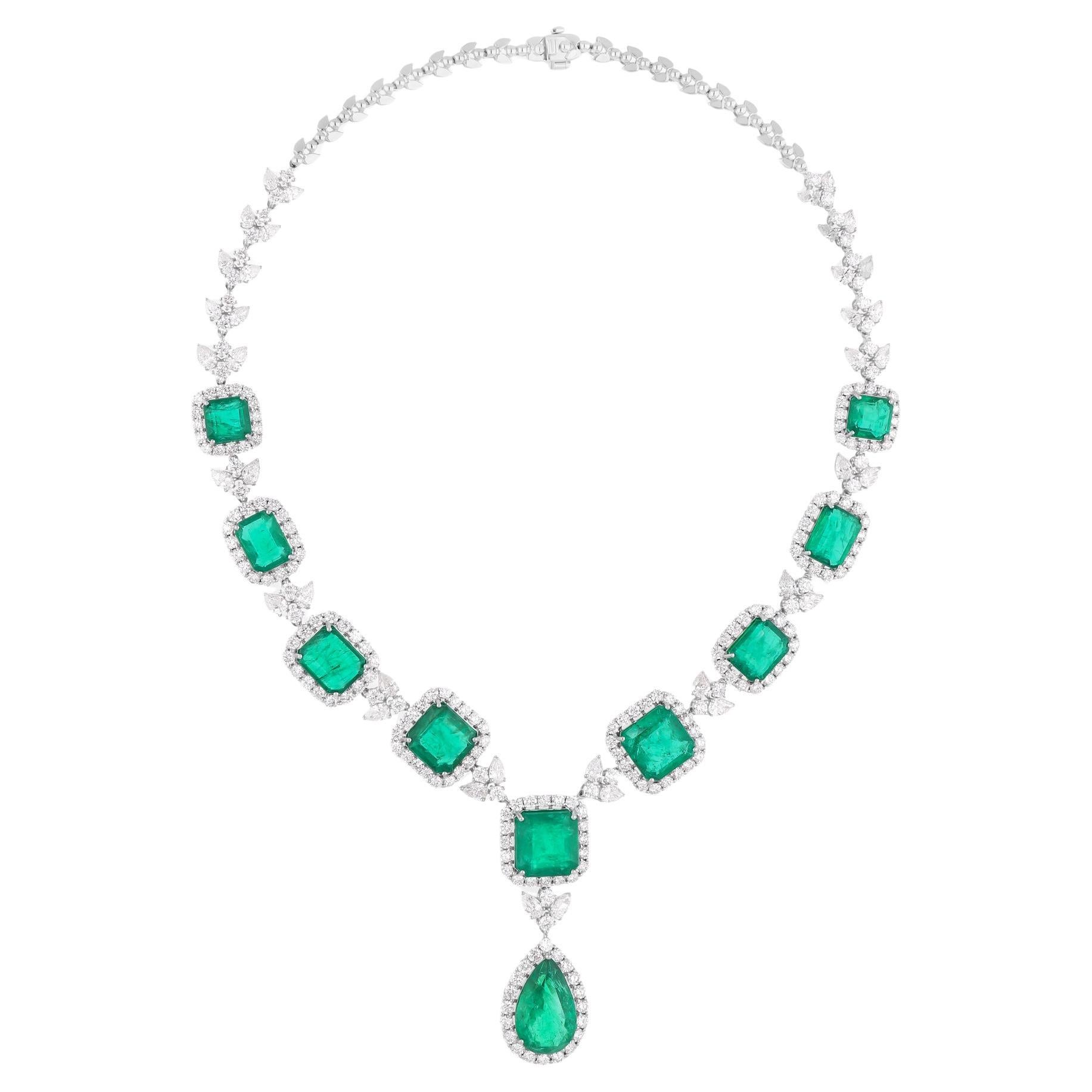 Natural Zambian Emerald Gemstone Fine Necklace SI/H Diamond 14 Karat White Gold