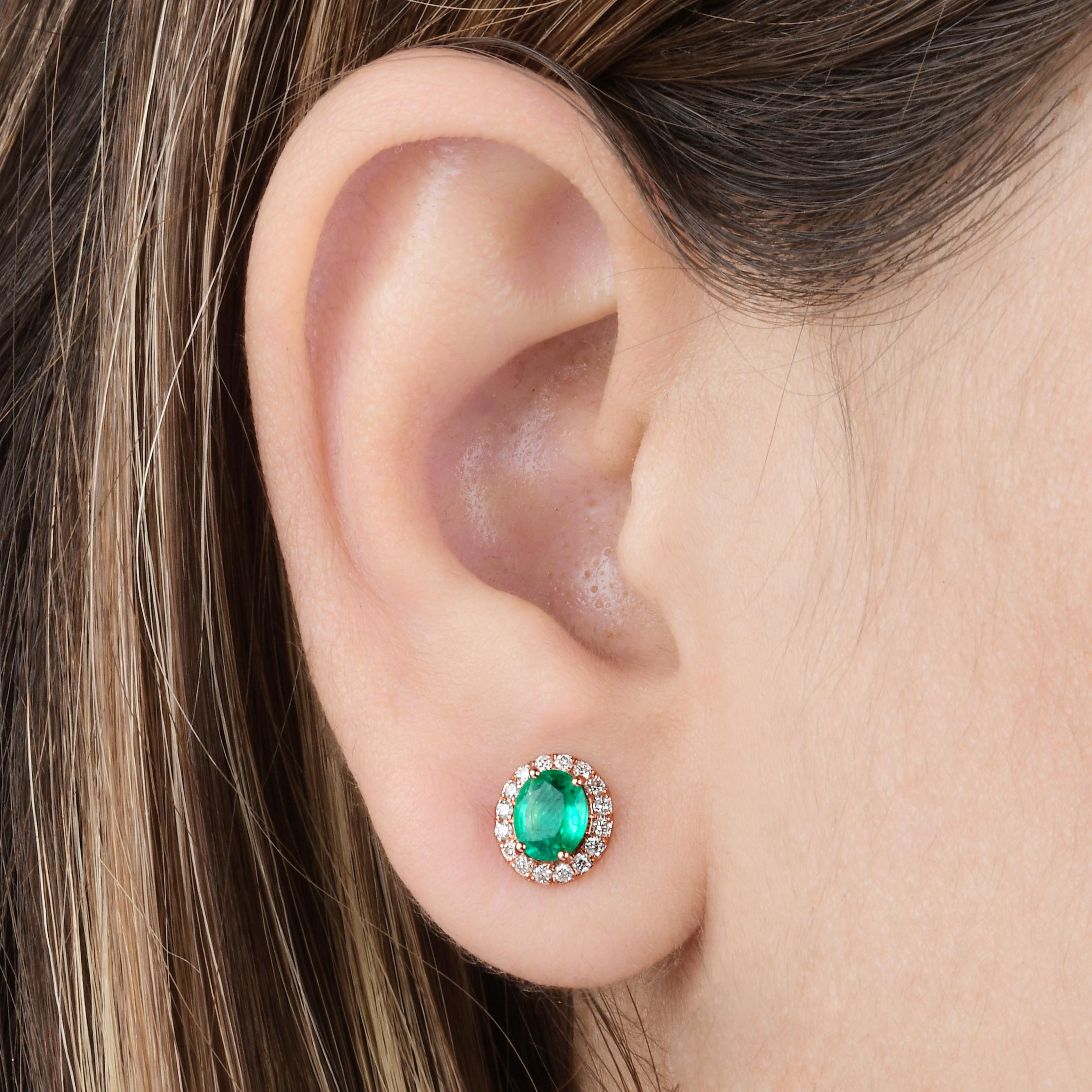 Moderne Nature Emeraude Zambienne Gemstone Fine Stud Ears Diamond 10 Karat Rose Gold en vente
