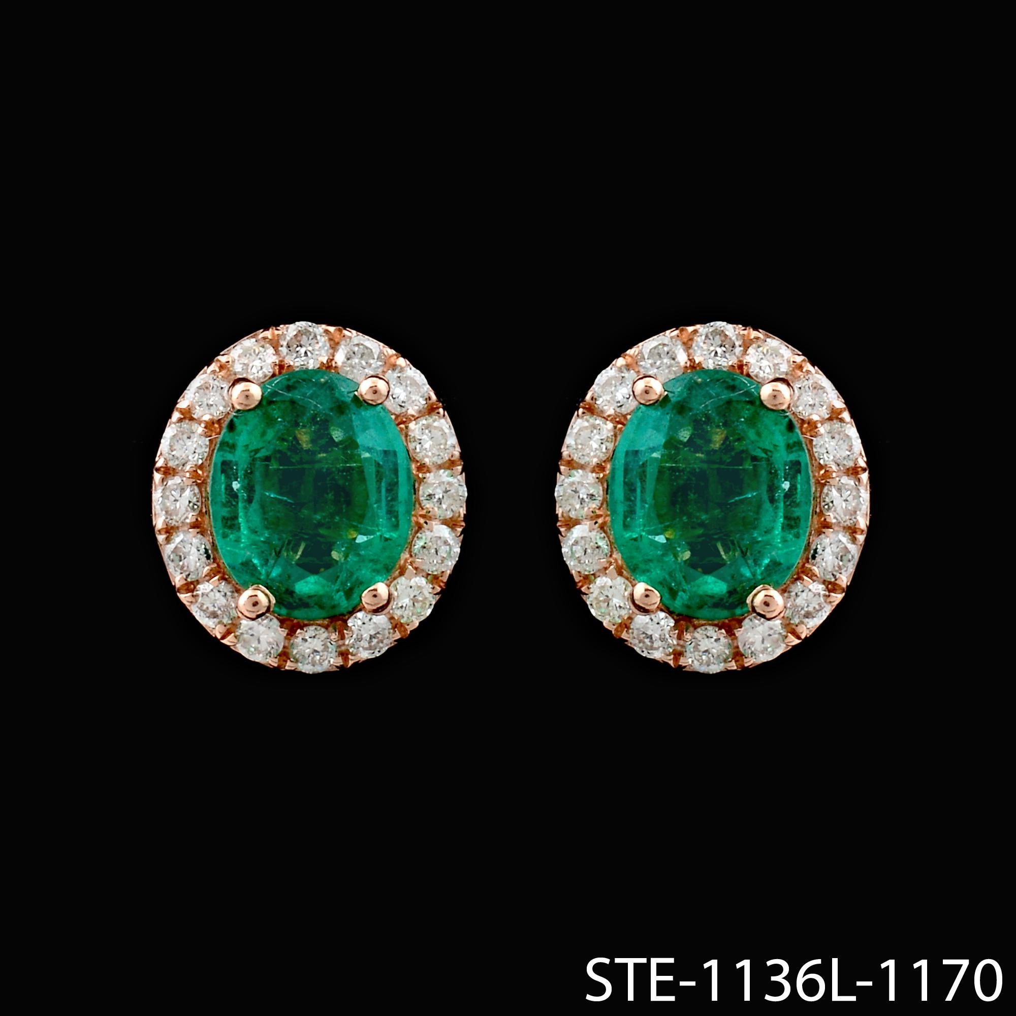 Women's Natural Zambian Emerald Gemstone Fine Stud Earrings Diamond 10 Karat Rose Gold For Sale