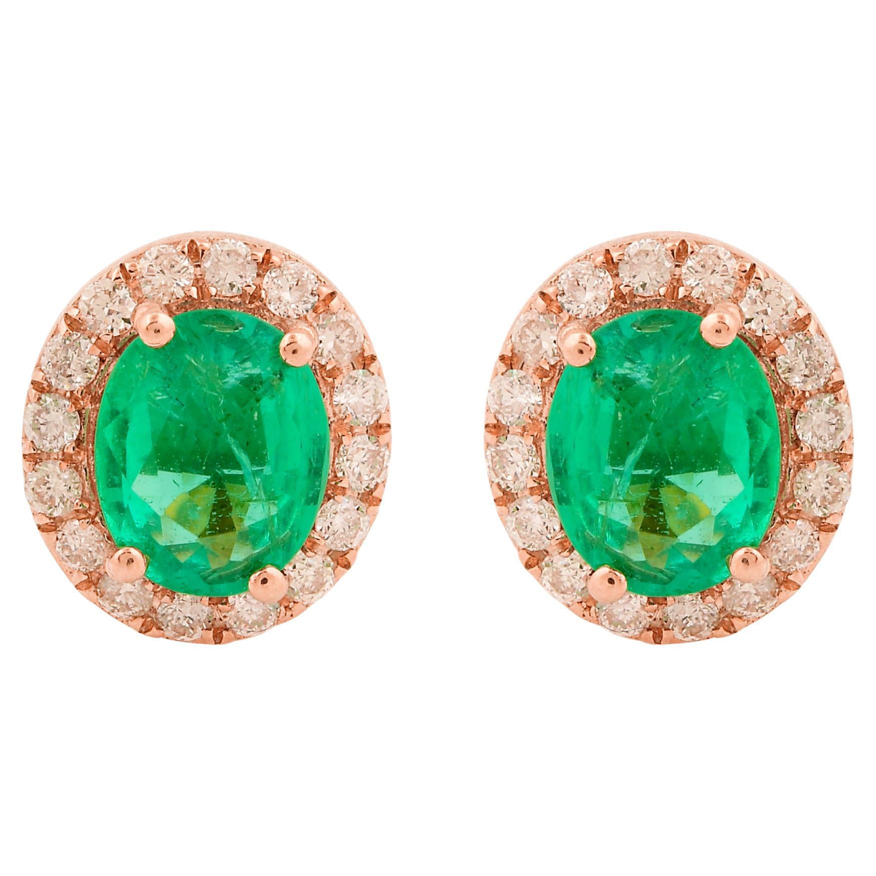 Esmeralda Natural de Zambia Piedra Preciosa Pendientes Diamante 10 Kilates Oro Rosa