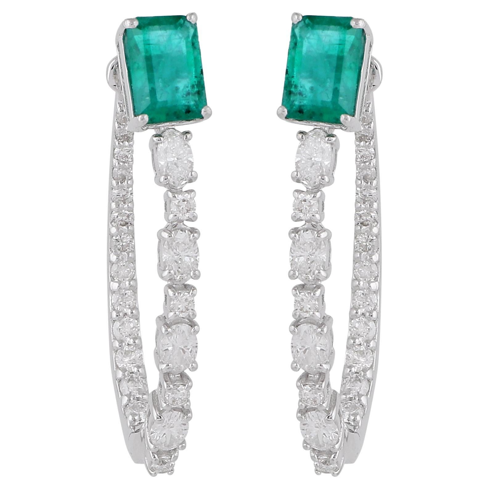 Natural Emerald Gemstone Hoop Earrings Diamond 18k White Gold Handmade Jewelry
